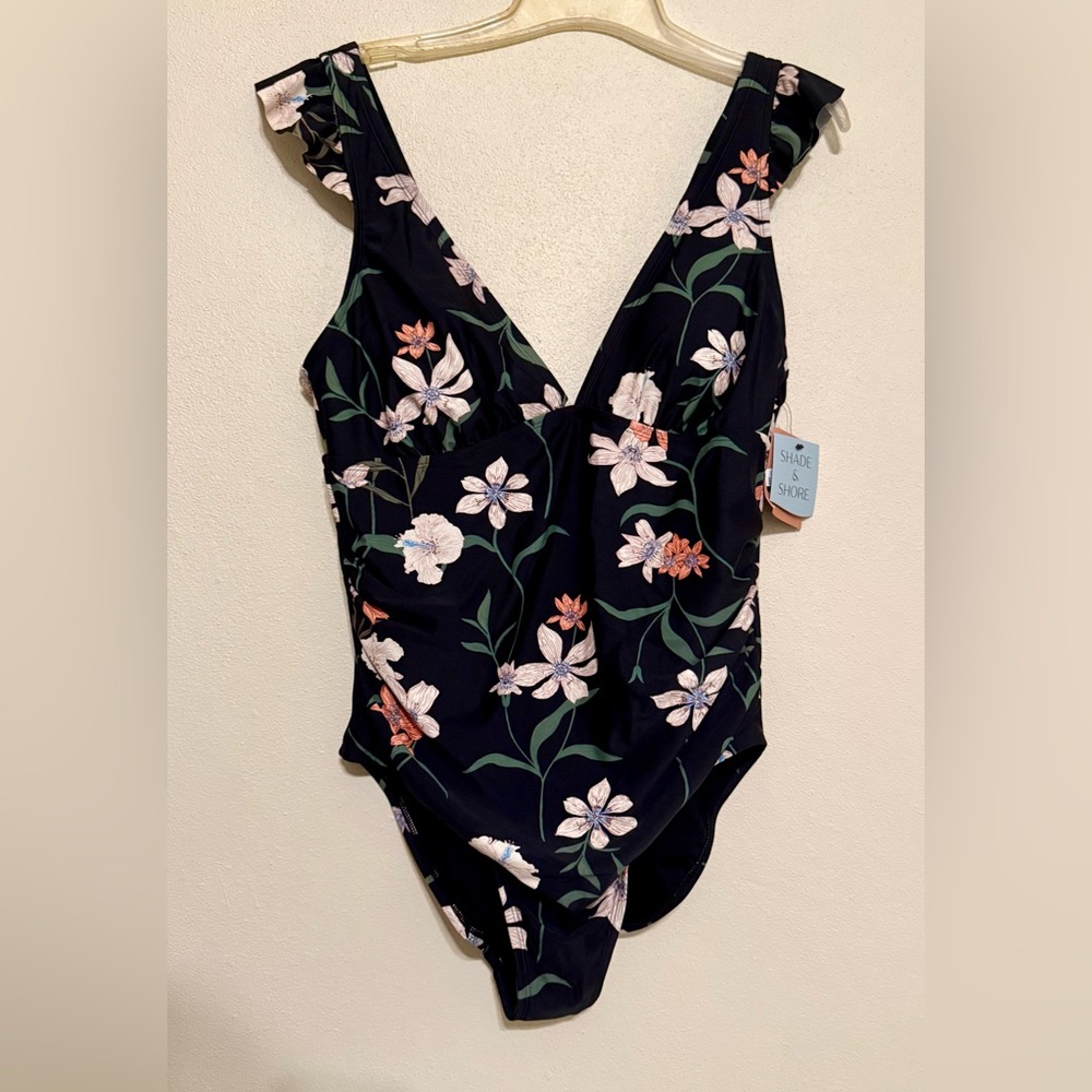 Shade & Shore Black One Piece Swimsuit with Plunging V-Neckline NWT , XL(16)